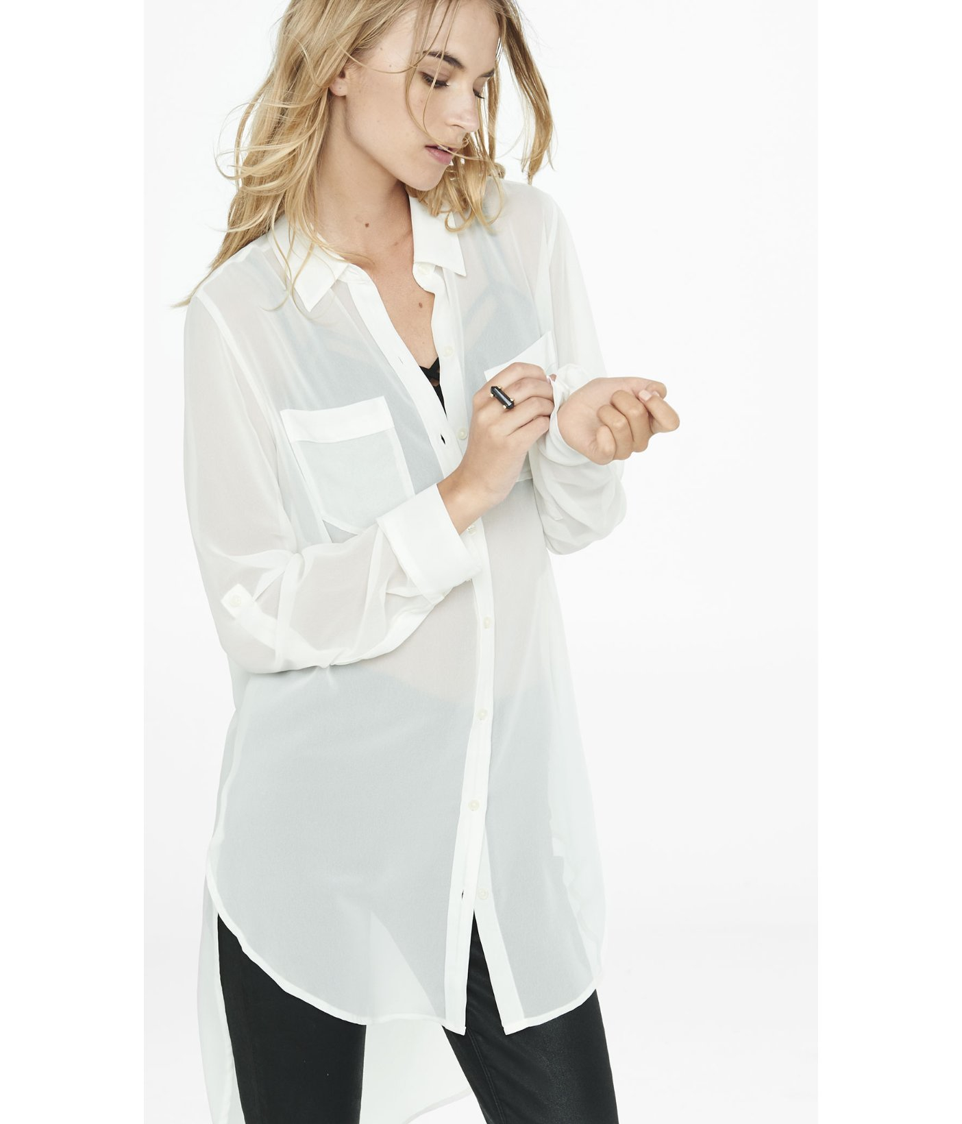 sheer white button up blouse