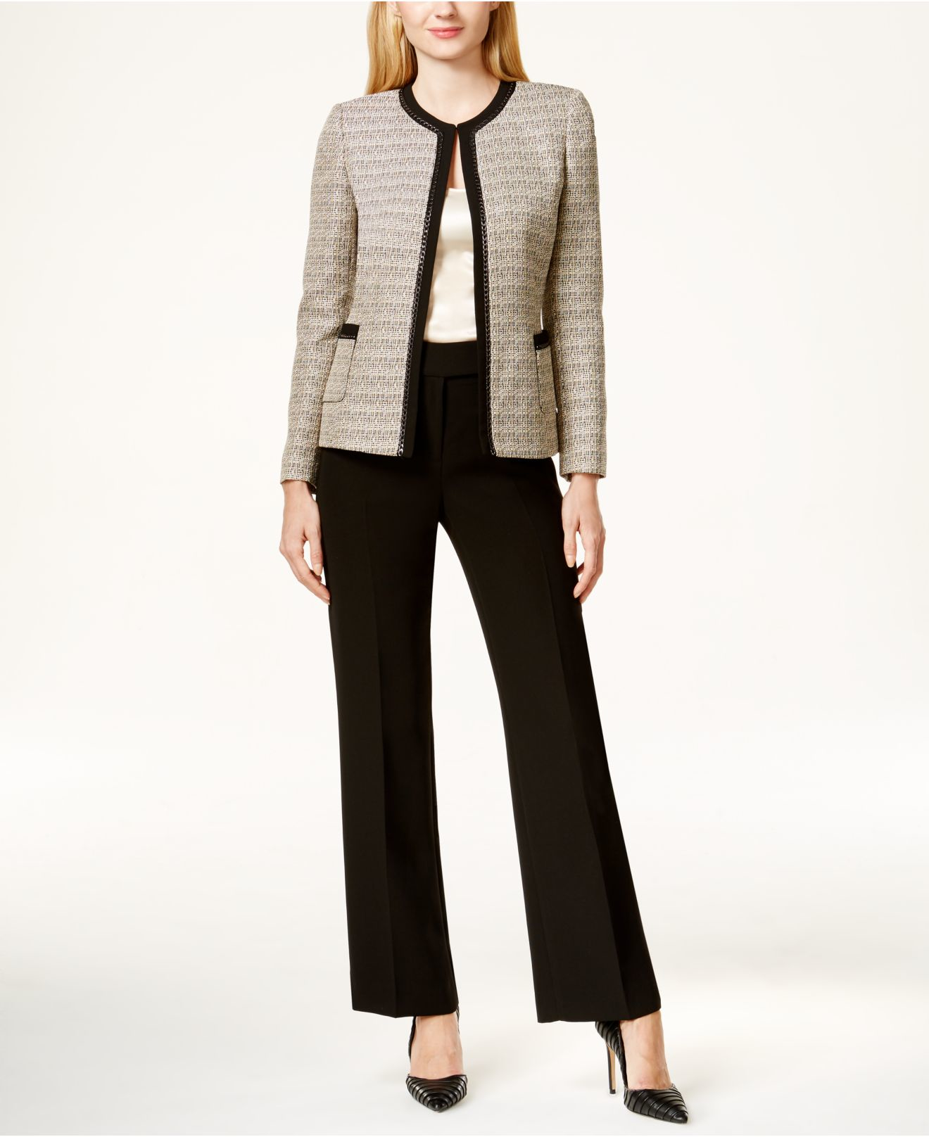 Lyst Tahari Petite Boucle Chaintrim Pantsuit in Natural
