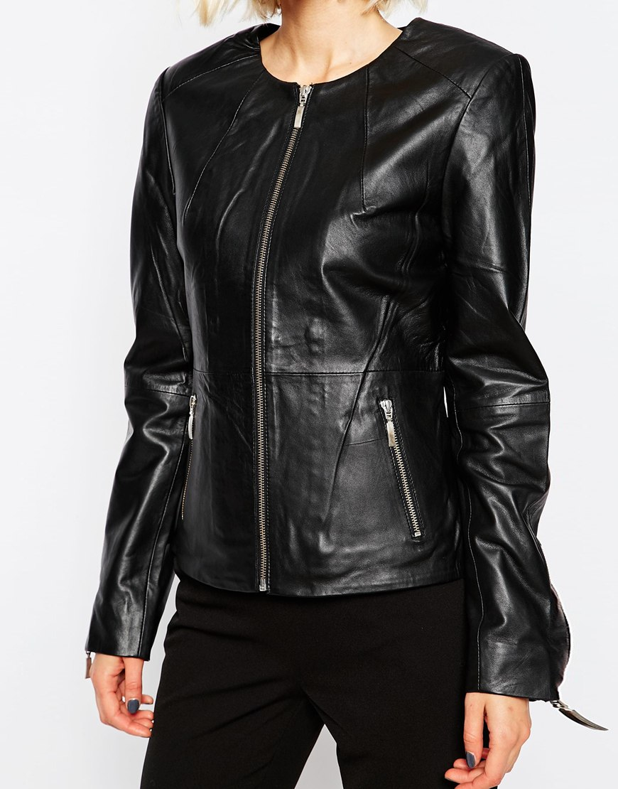 Gestuz Collarless Leather Jacket in Black - Lyst