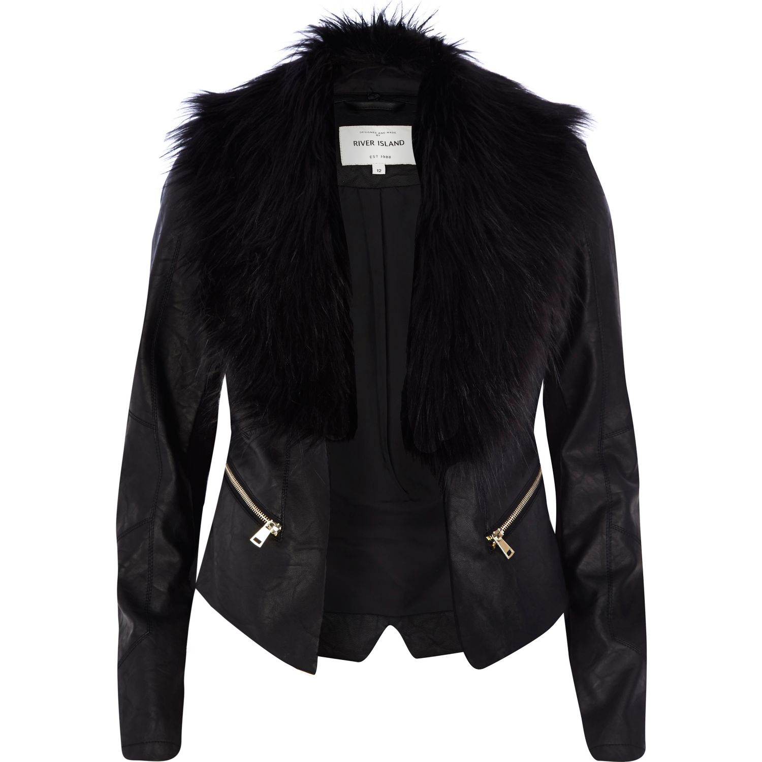 River Island Black Leather Look Faux Fur Collar Jacket Lyst