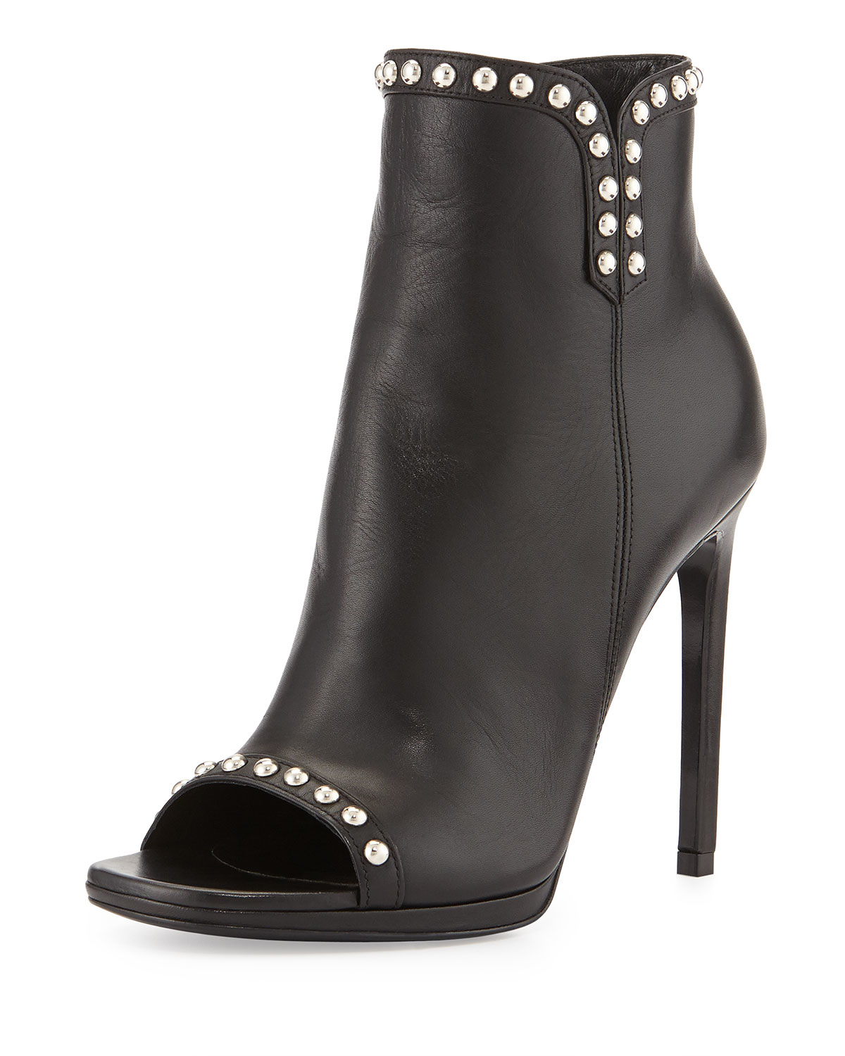 Saint laurent Studded Leather Peep-toe Bootie in Black | Lyst