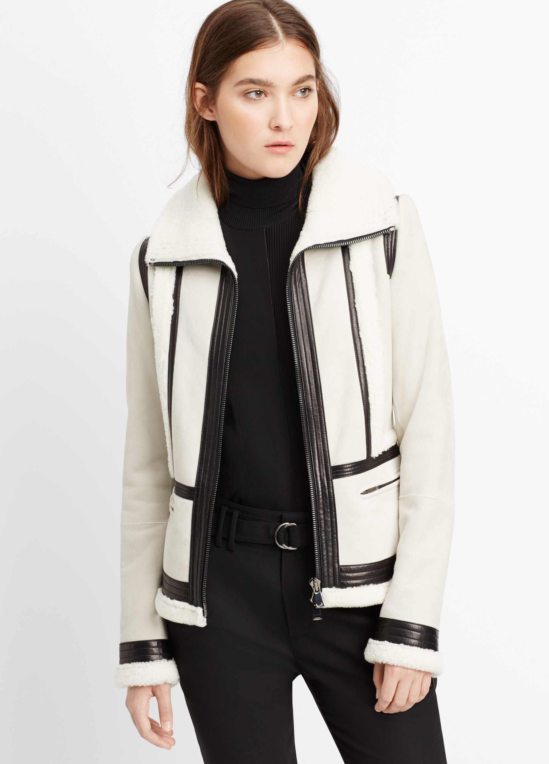 Vince Leather Trimmed Shearling Jacket in White - Lyst