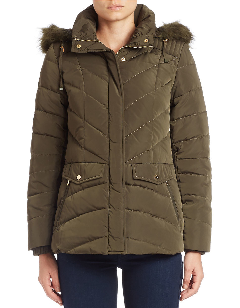 Lyst Jones New York Convertible Faux Furtrimmed Puffer Coat in Green