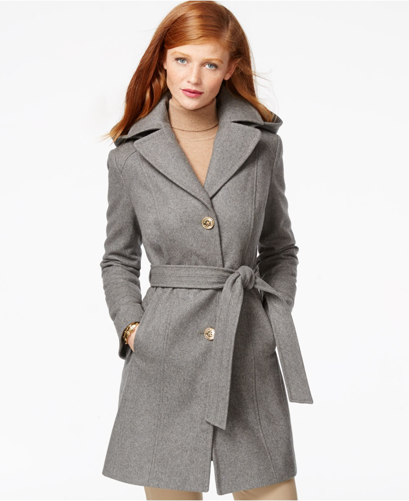 Michael kors Michael Hooded Belted Walker Coat in Gray (Medium Grey) Lyst