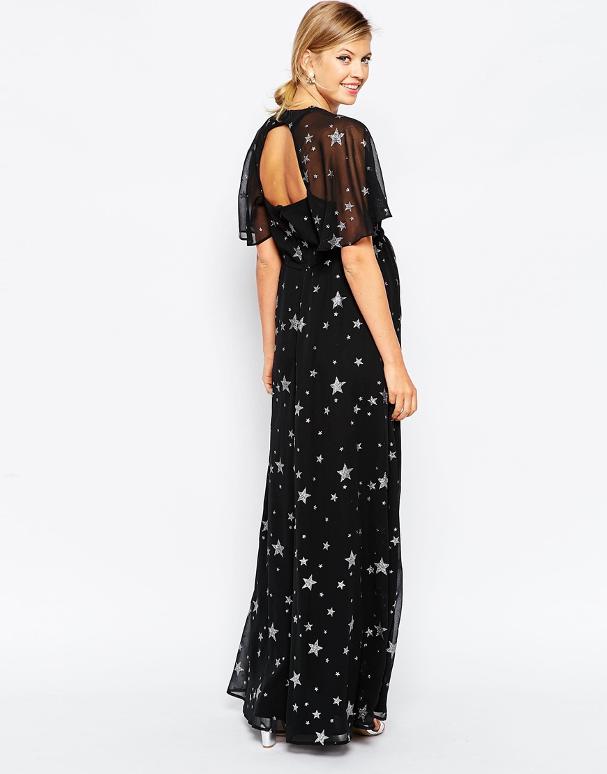 ASOS Flutter Sleeve Maxi Dress In Star Print in Black | Lyst