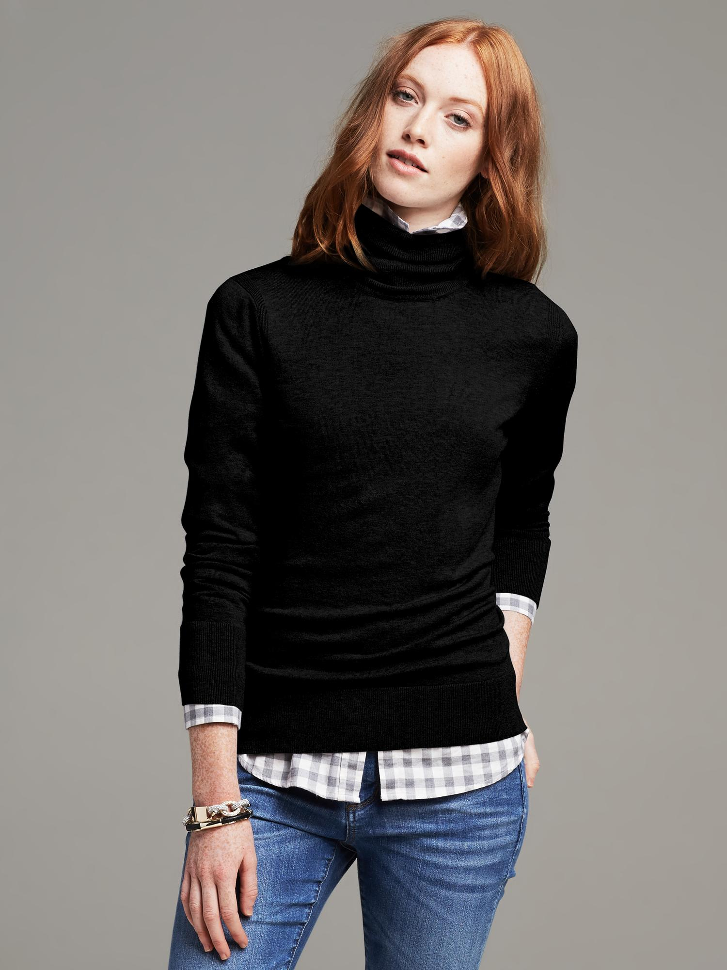 Banana republic Ribbed Silk-Blend Turtleneck in Black | Lyst