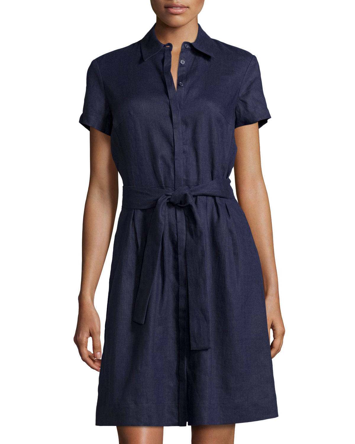 Neiman marcus Linen  Short sleeve Belted  Shirtdress in Blue 