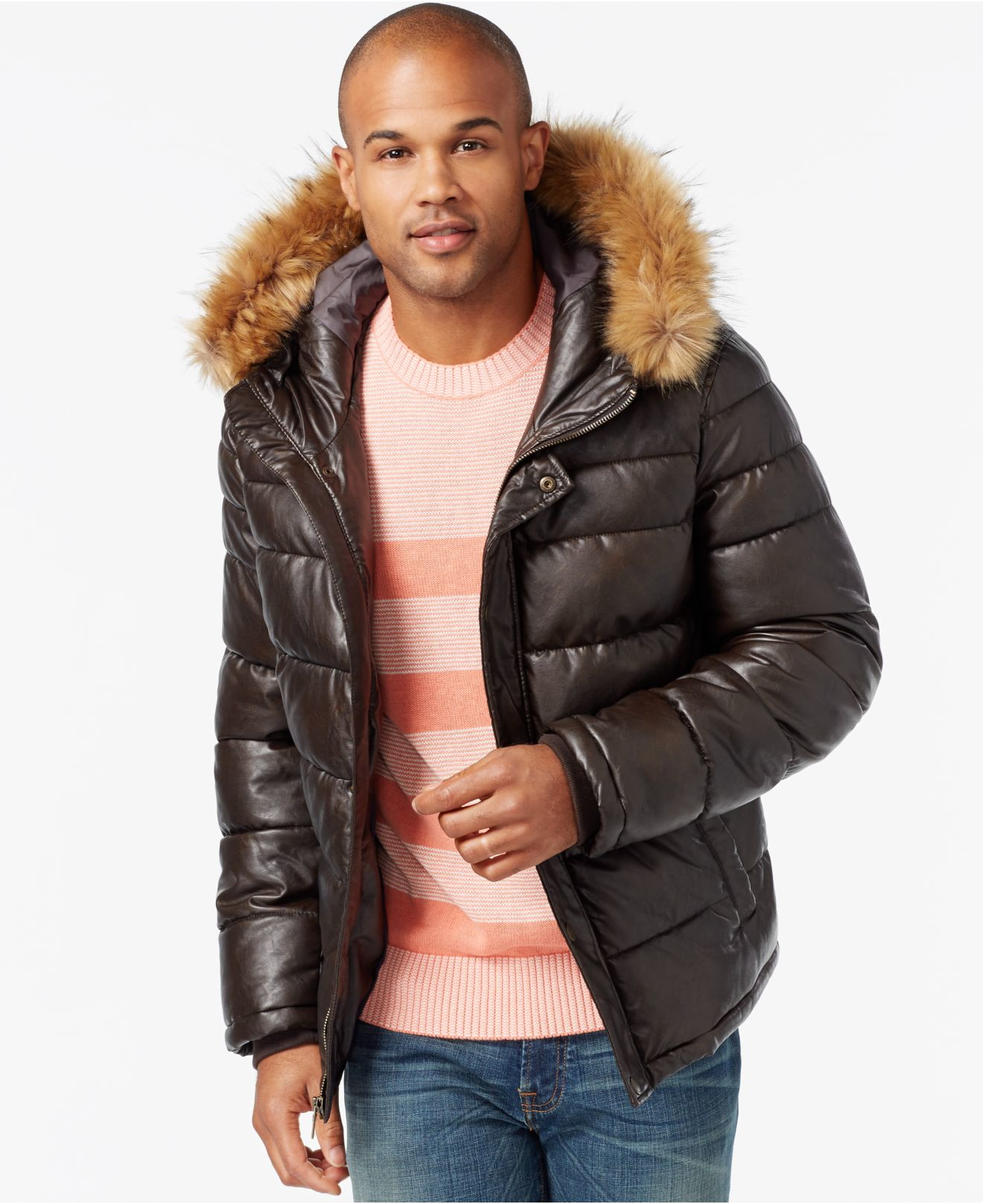 Vær forsigtig besøgende rig Tommy Hilfiger Big & Tall Faux-leather Puffer Hoodie Jacket in Brown for  Men - Lyst