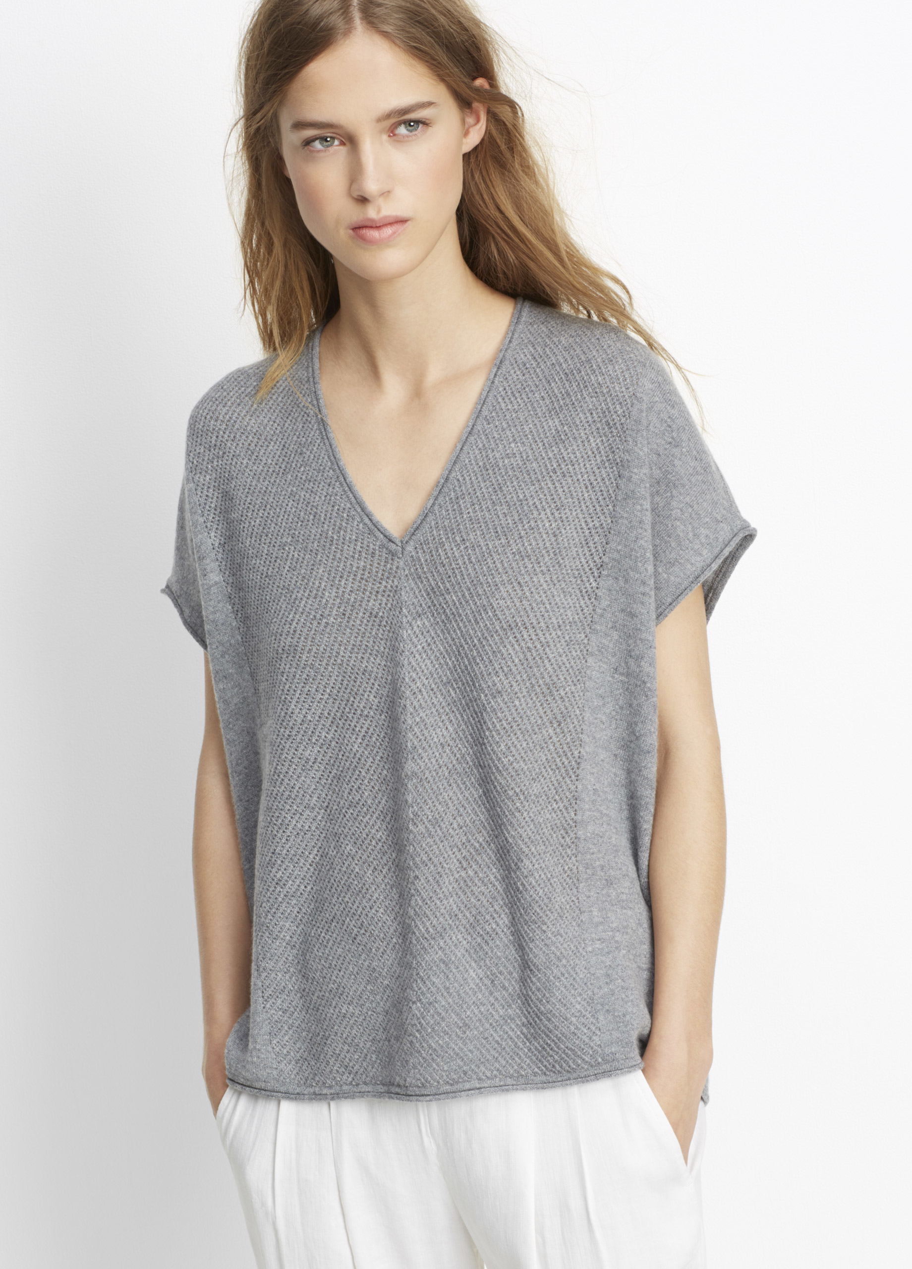 Vince Cashmere Chevron Stitch Short Sleeve Sweater in Gray | Lyst