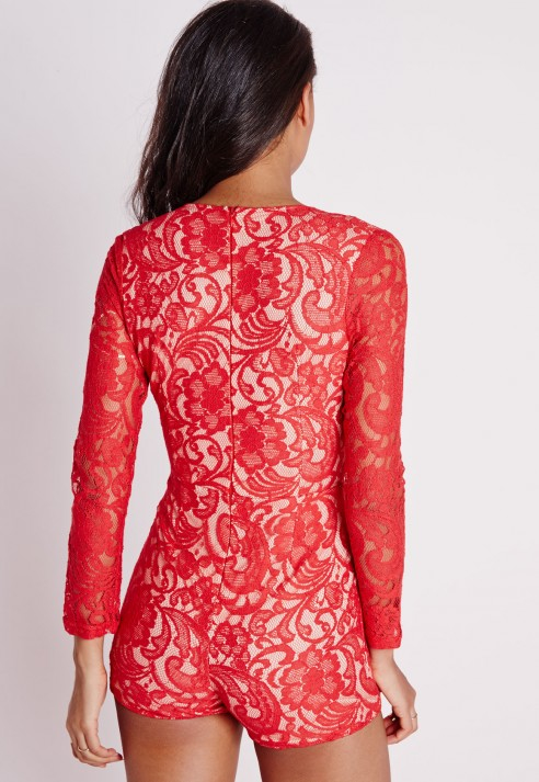 Missguided Lace Plunge Playsuit In Red - Lyst