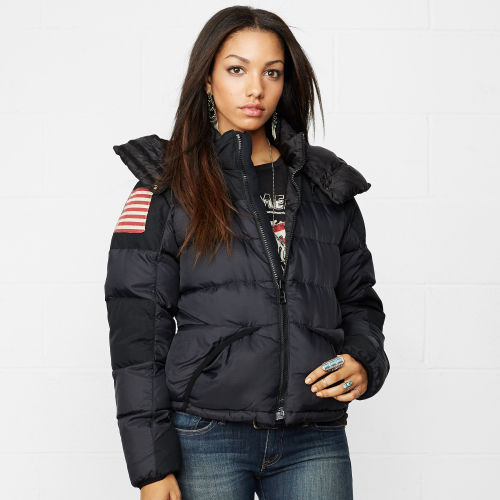 womens black hooded down jacket