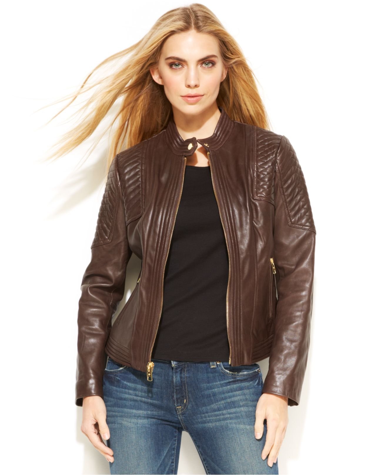 Women S Brown Michael Buckle Collar Quilted Leather Jacket