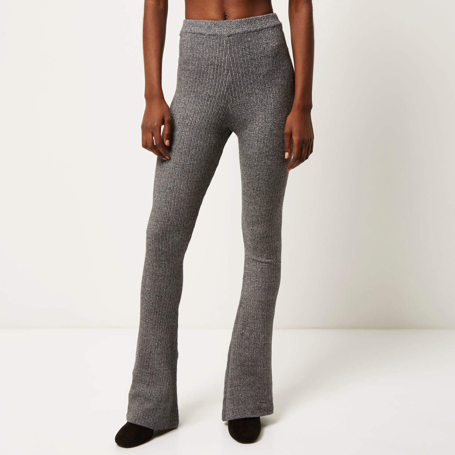 grey ribbed flare trousers