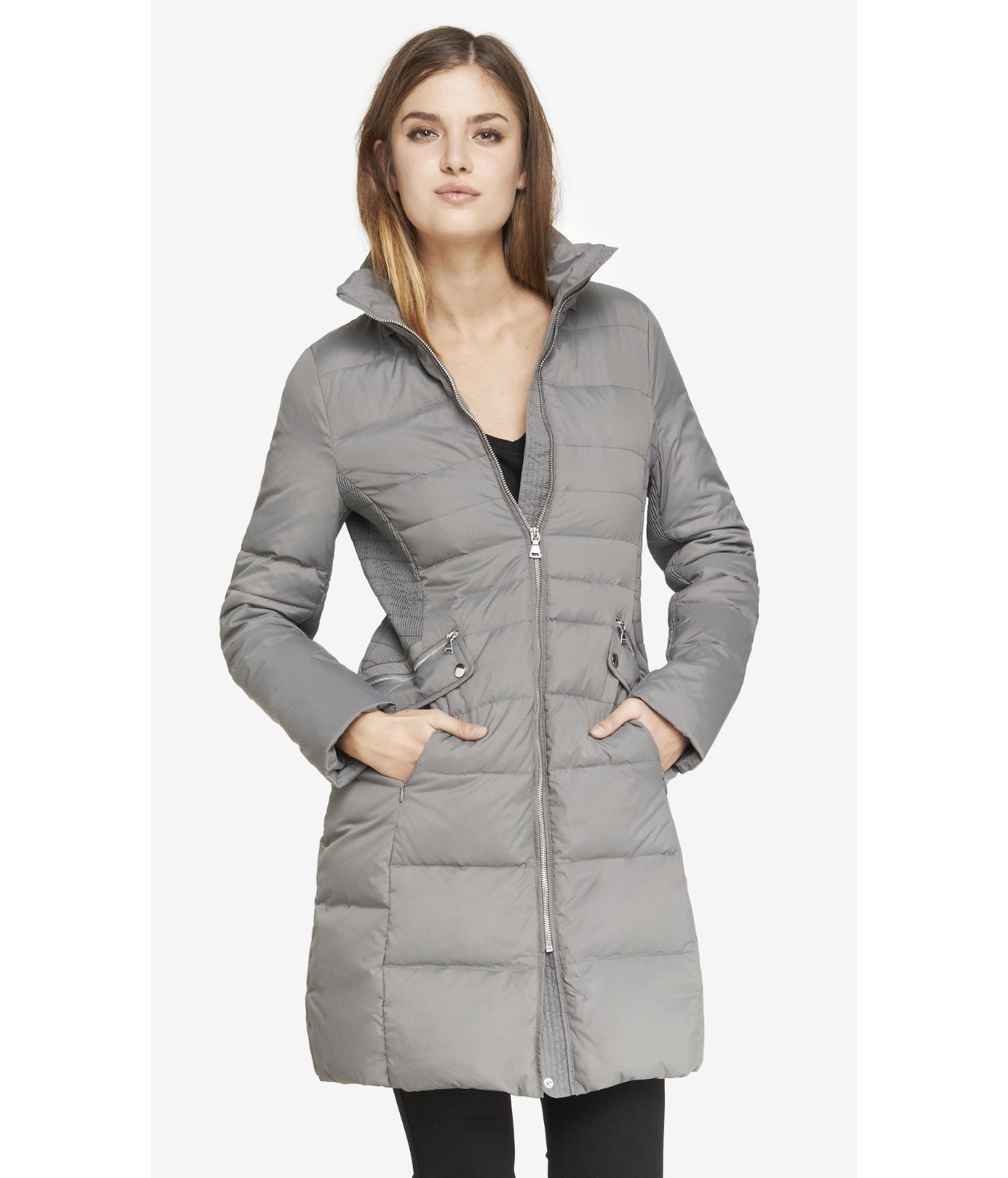 fitted puffer coat with fur hood