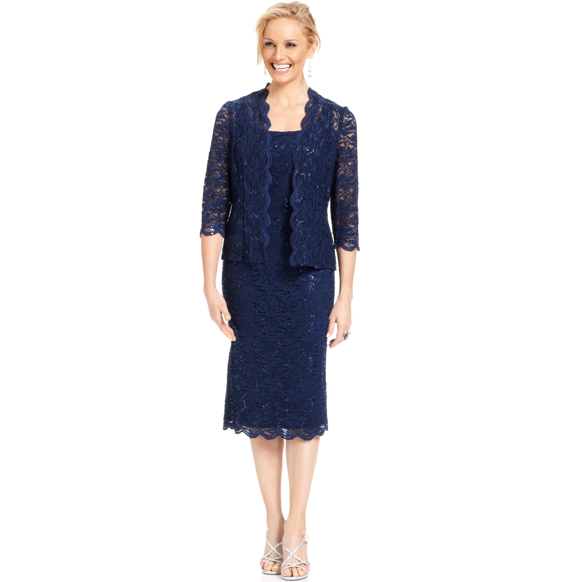 Alex evenings Sequined Lace Sheath Dress And Jacket in Blue (Navy) | Lyst
