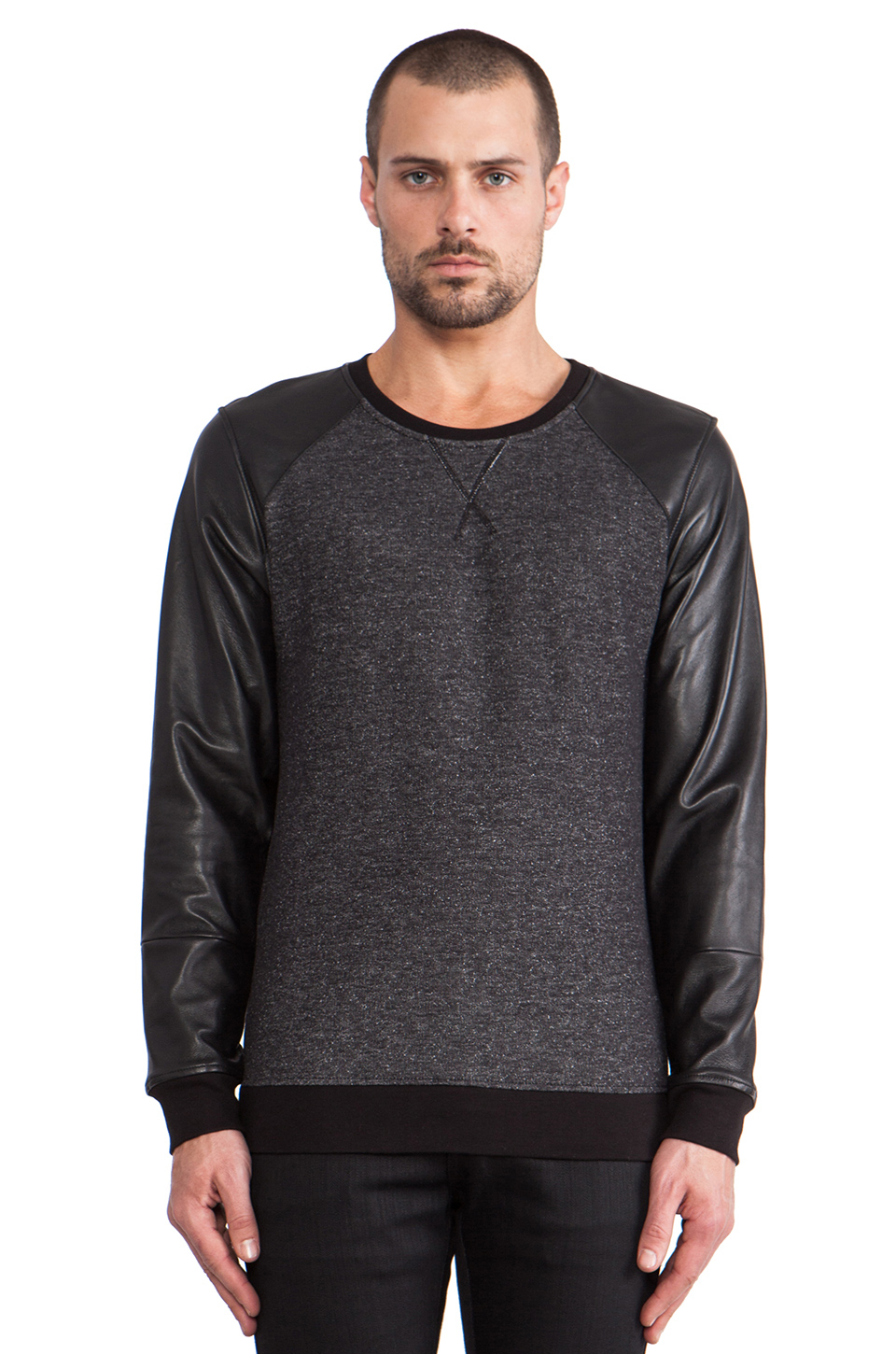 Lyst - Lot78 Leather Sleeve Sweatshirt in Black for Men