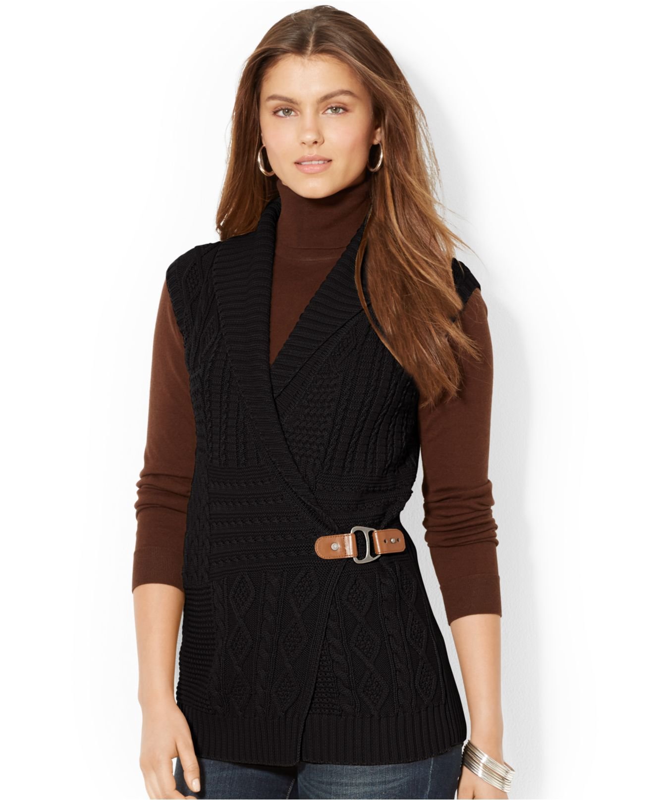 Lauren by Ralph Lauren Petite Cable-knit Wrap Sweater Vest in Black - Lyst