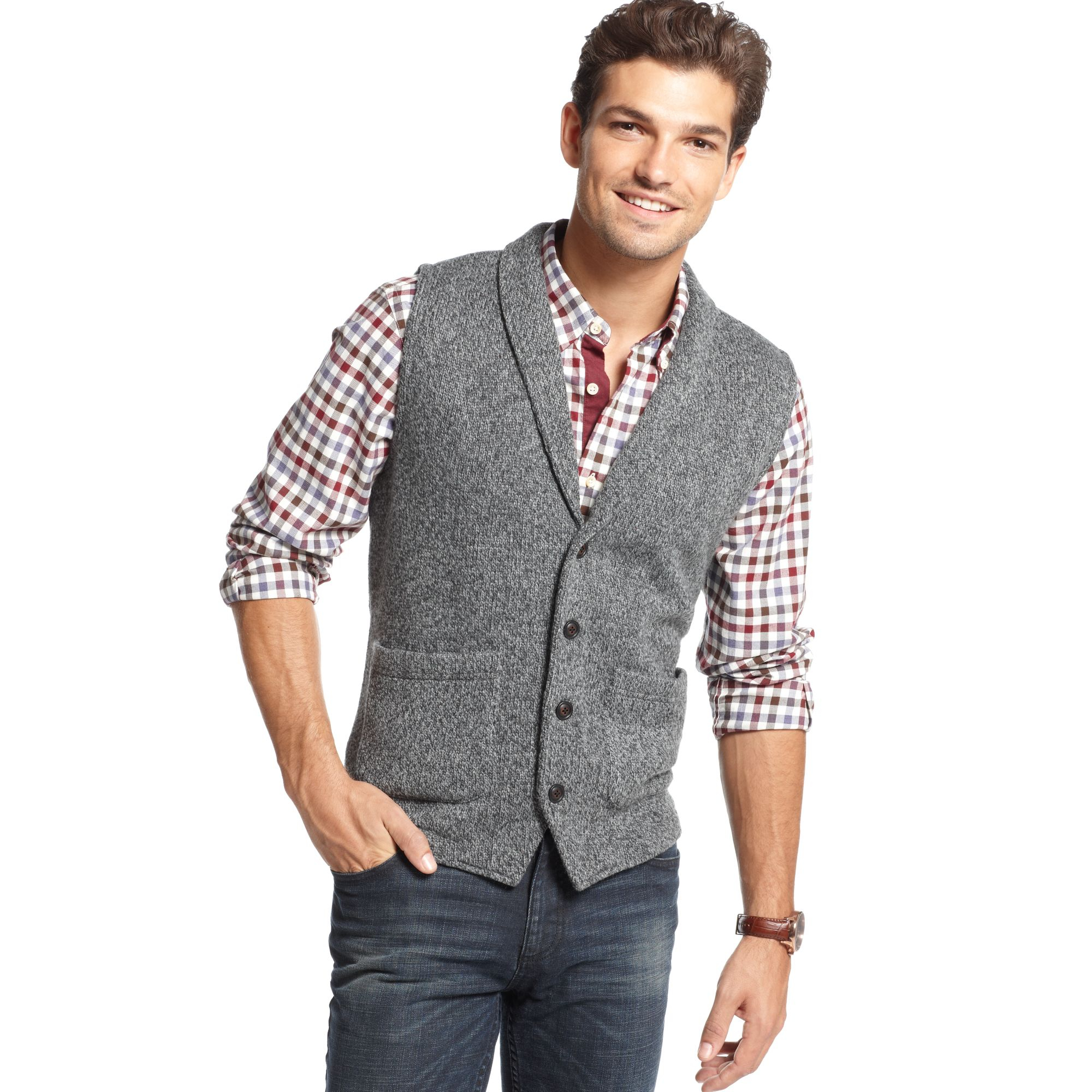 Tommy hilfiger Shawl Collar Button-down Sweater Vest in Gray for ...