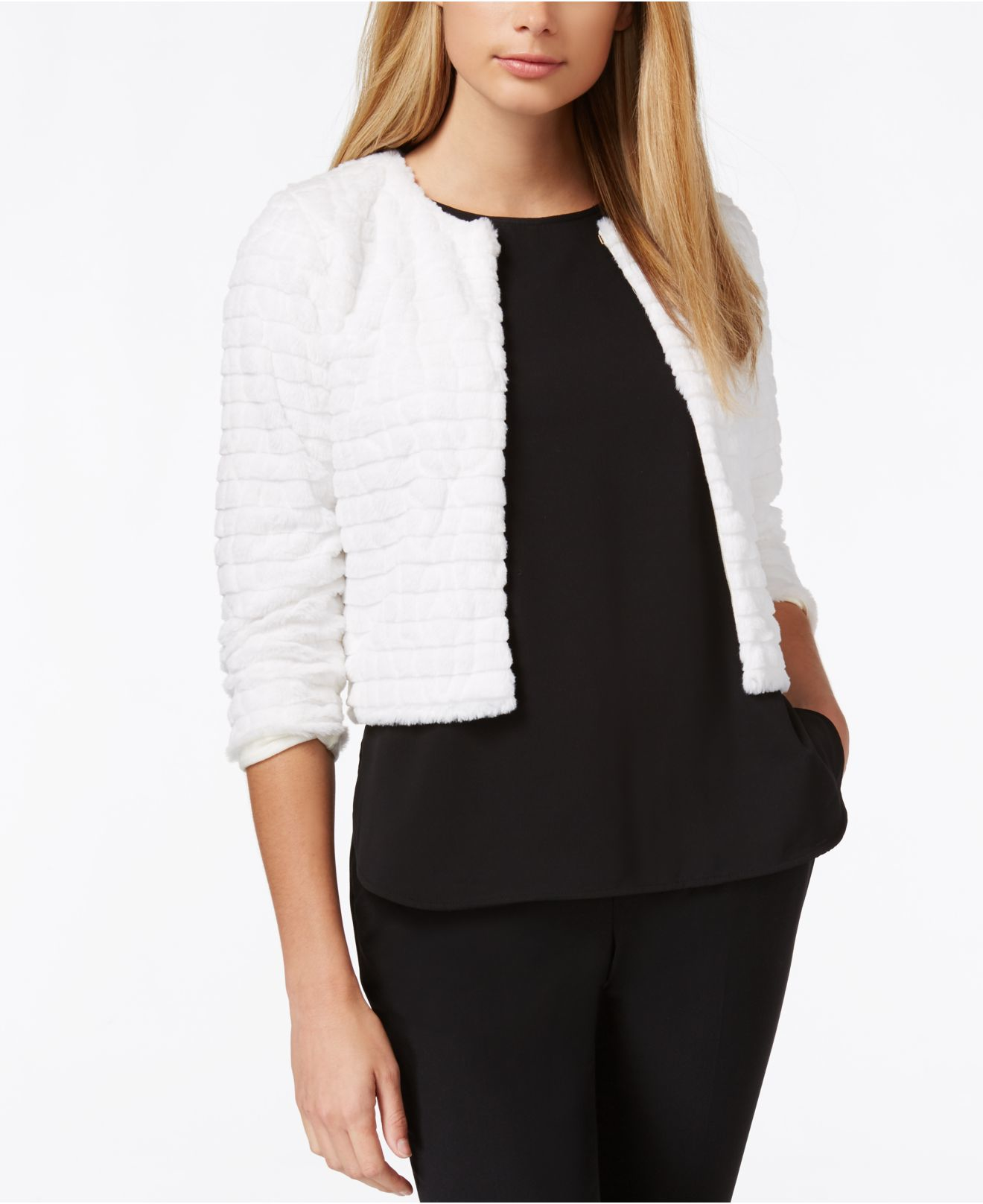 Lyst - Calvin Klein Petite Three-quarter-sleeve Cropped Shrug in White