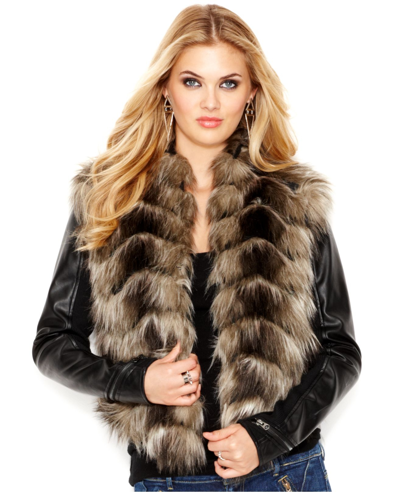 Guess Multicolor Faux Leather Zip Sleeve Fur Jacket