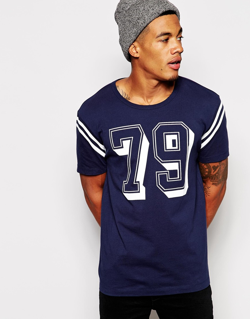 Asos TShirt With Varsity Print And Sleeve Stripe in Blue for Men Lyst