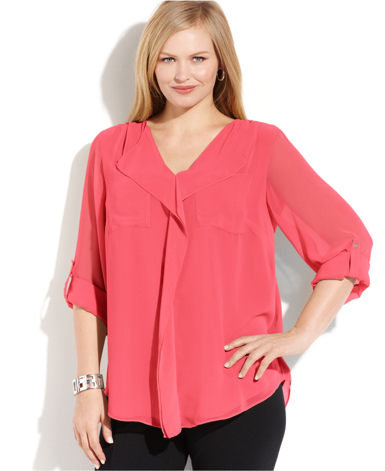 Calvin klein Plus Size Long-Sleeve Ruffled Blouse in Red (Watermelon ...
