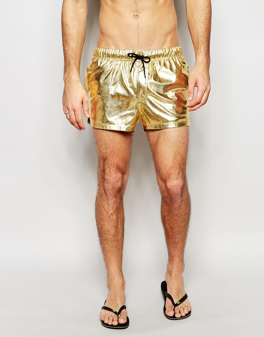 Asos Swim Shorts In Metallic Gold Short Length For Men Lyst 