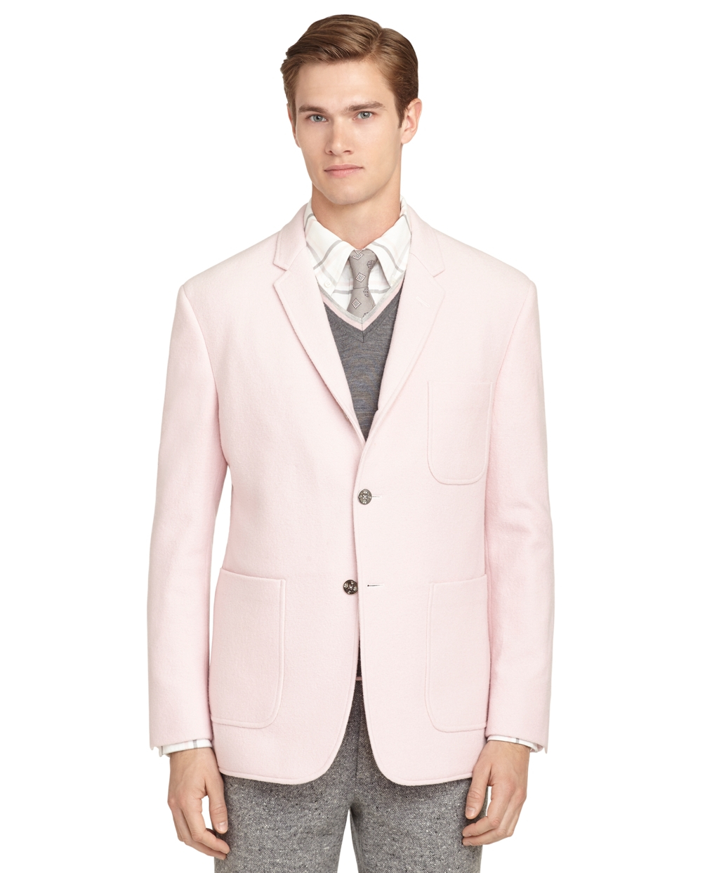 pink and white flannel jacket