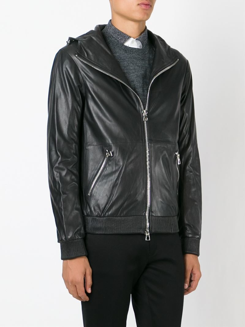 armani leather hooded jacket