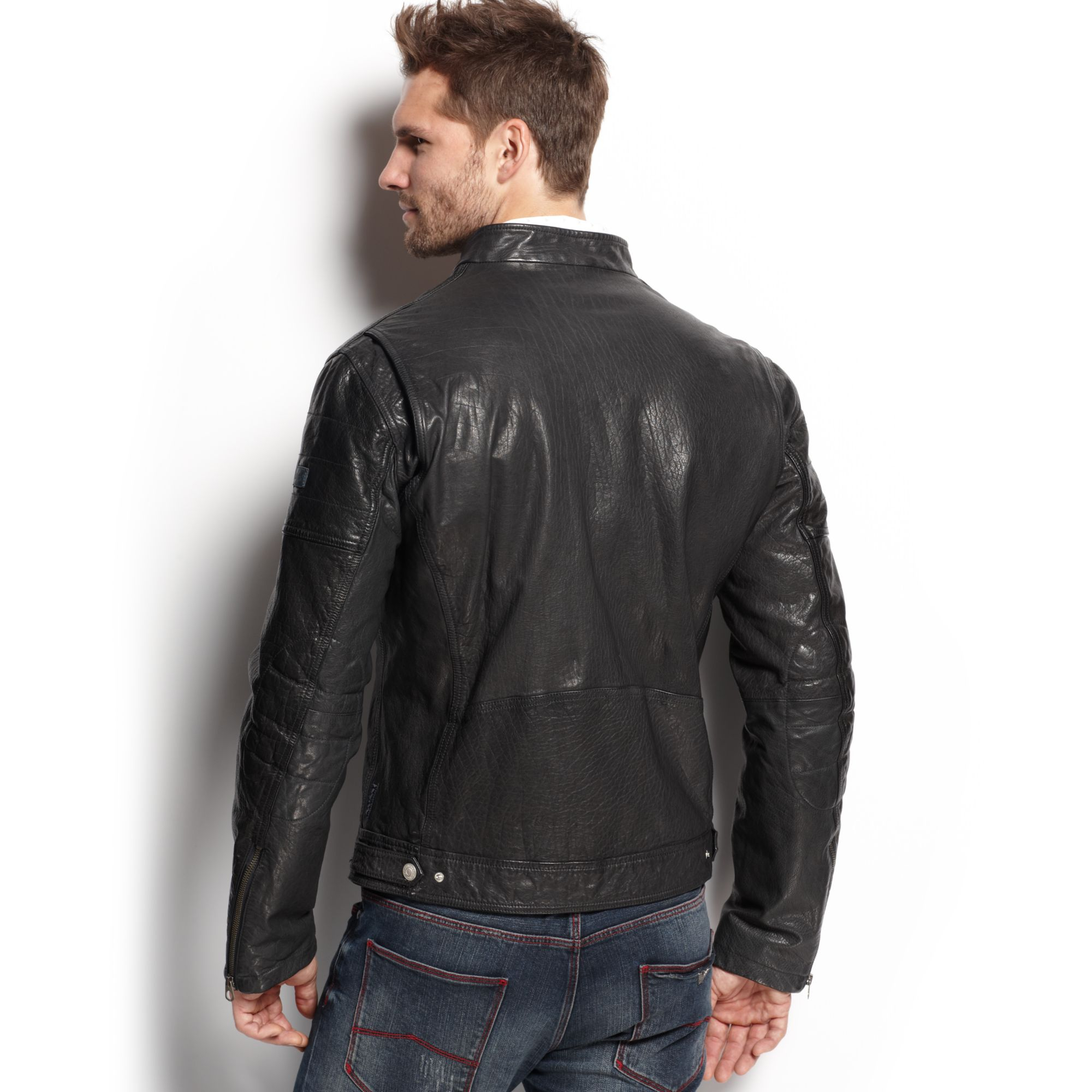 Armani Jeans Leather Bomber Jacket in Black for Men - Lyst