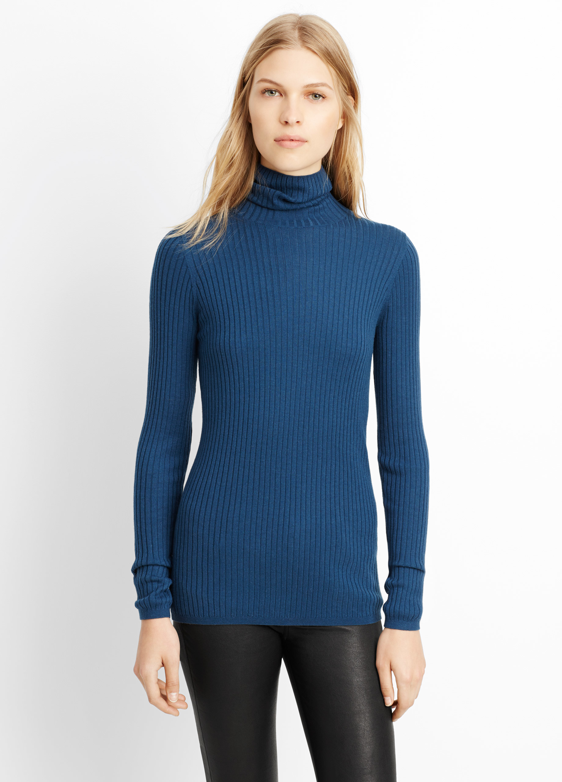 Vince Skinny Rib Turtleneck Sweater in Teal (Blue) - Lyst