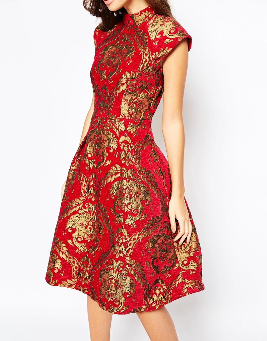 Chi Chi London High Neck Baroque Print Structured Skater Dress | Lyst