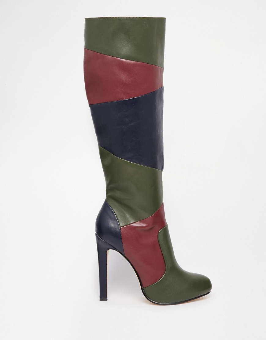 patchwork knee high boots