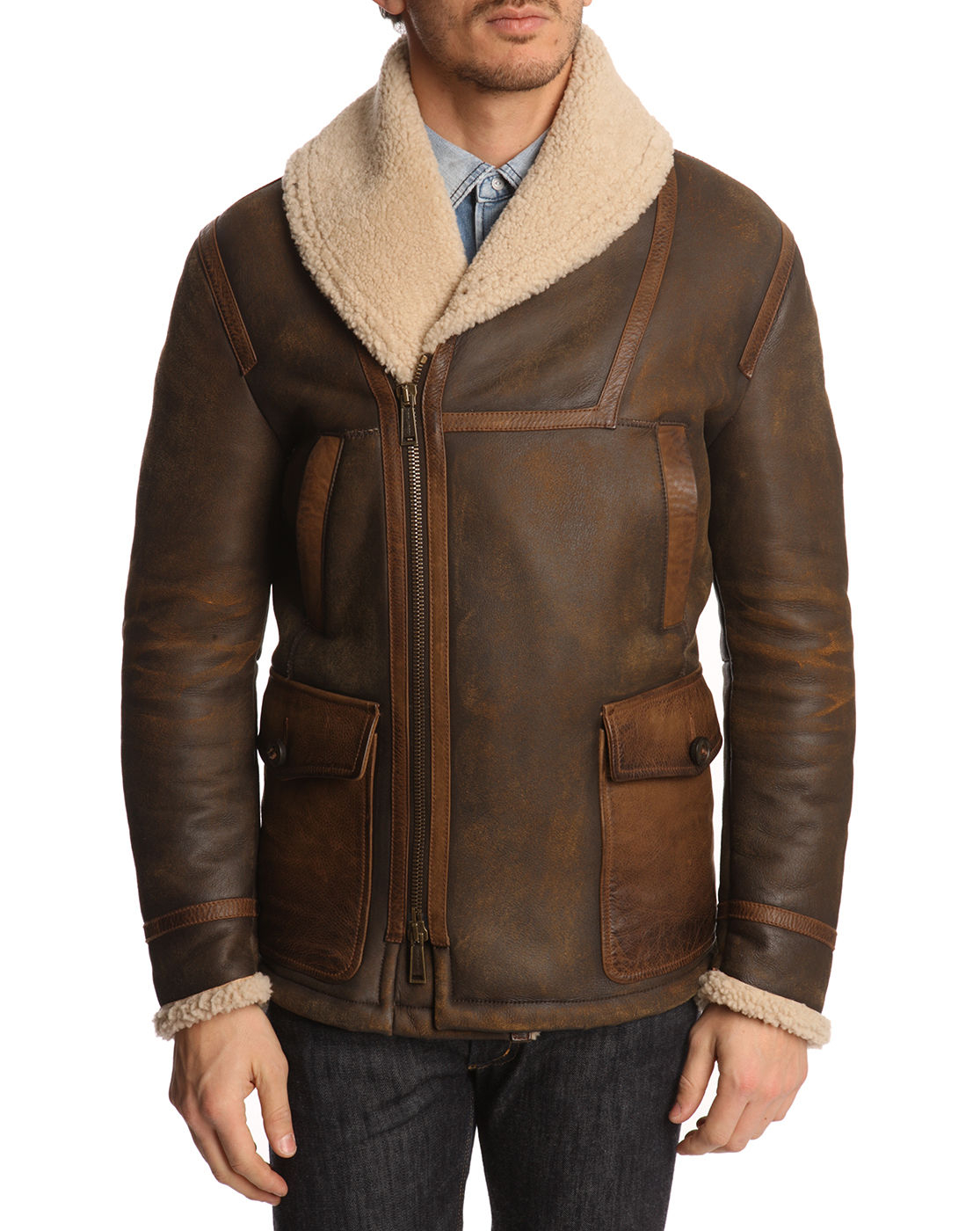 Dsquared² Brown Sheepskin Jacket with Shawl Collar and Asymmetric Zip ...