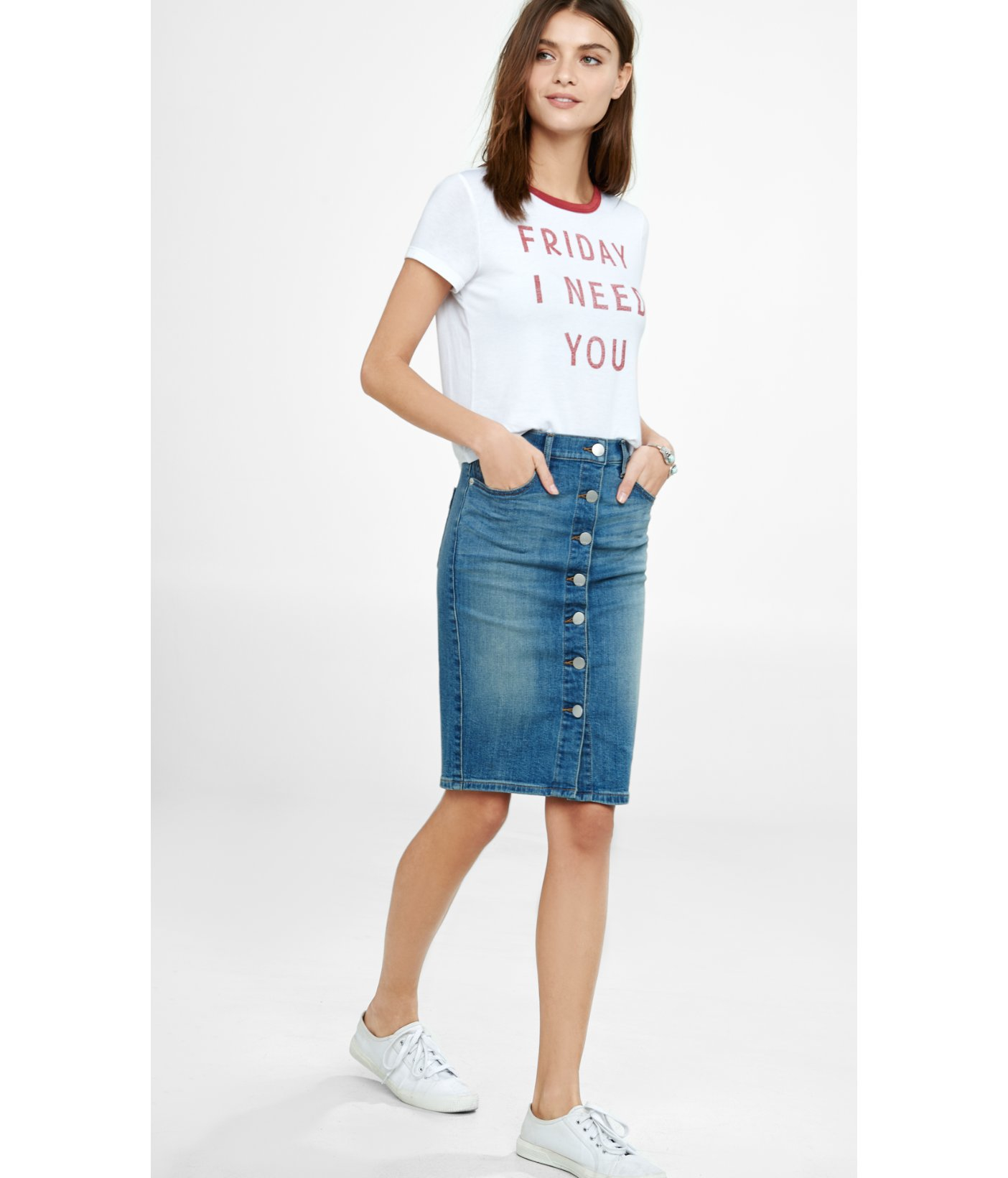 button front denim pencil skirt