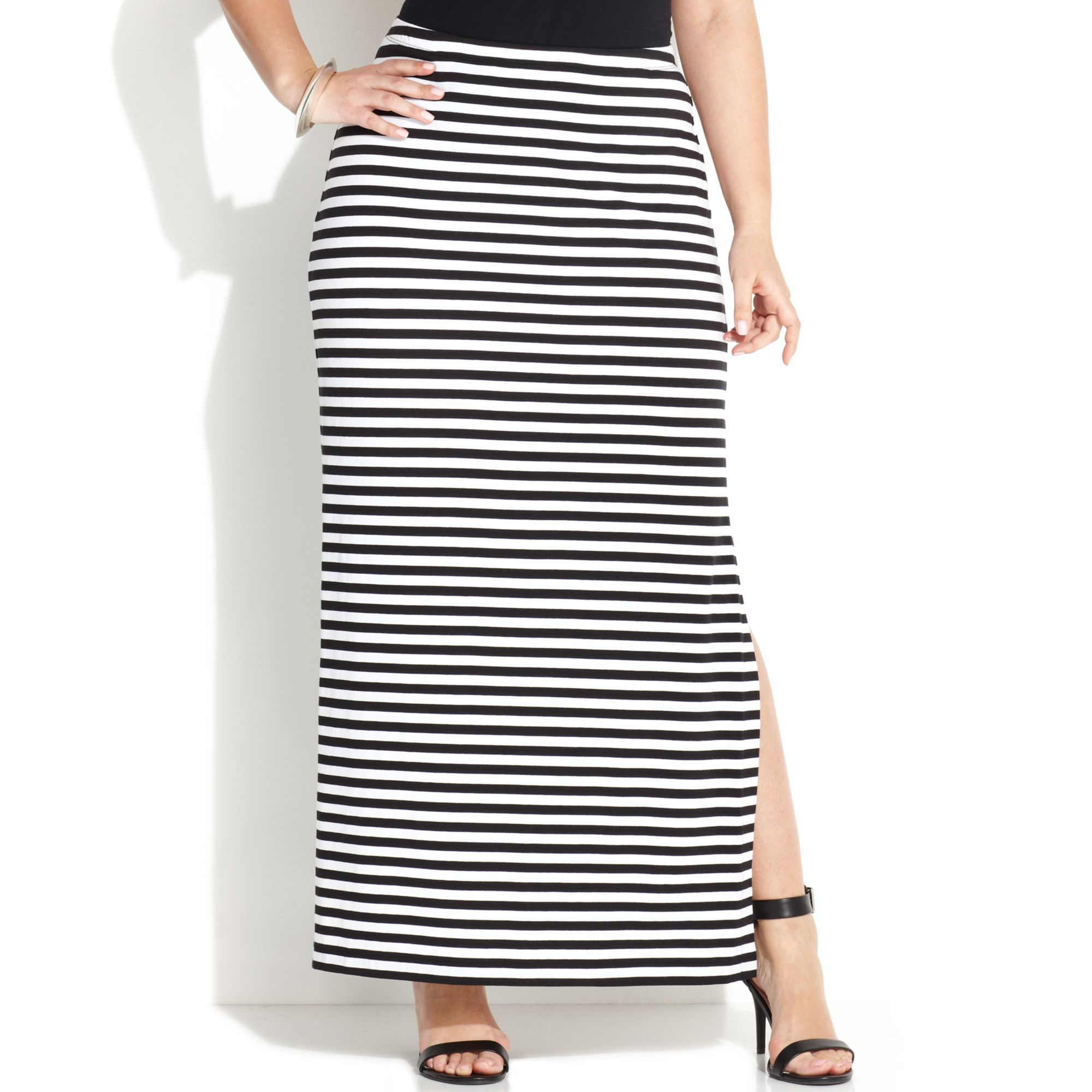 Michael Kors Michael Plus Size Striped Maxi Skirt in Black/White (Black ...