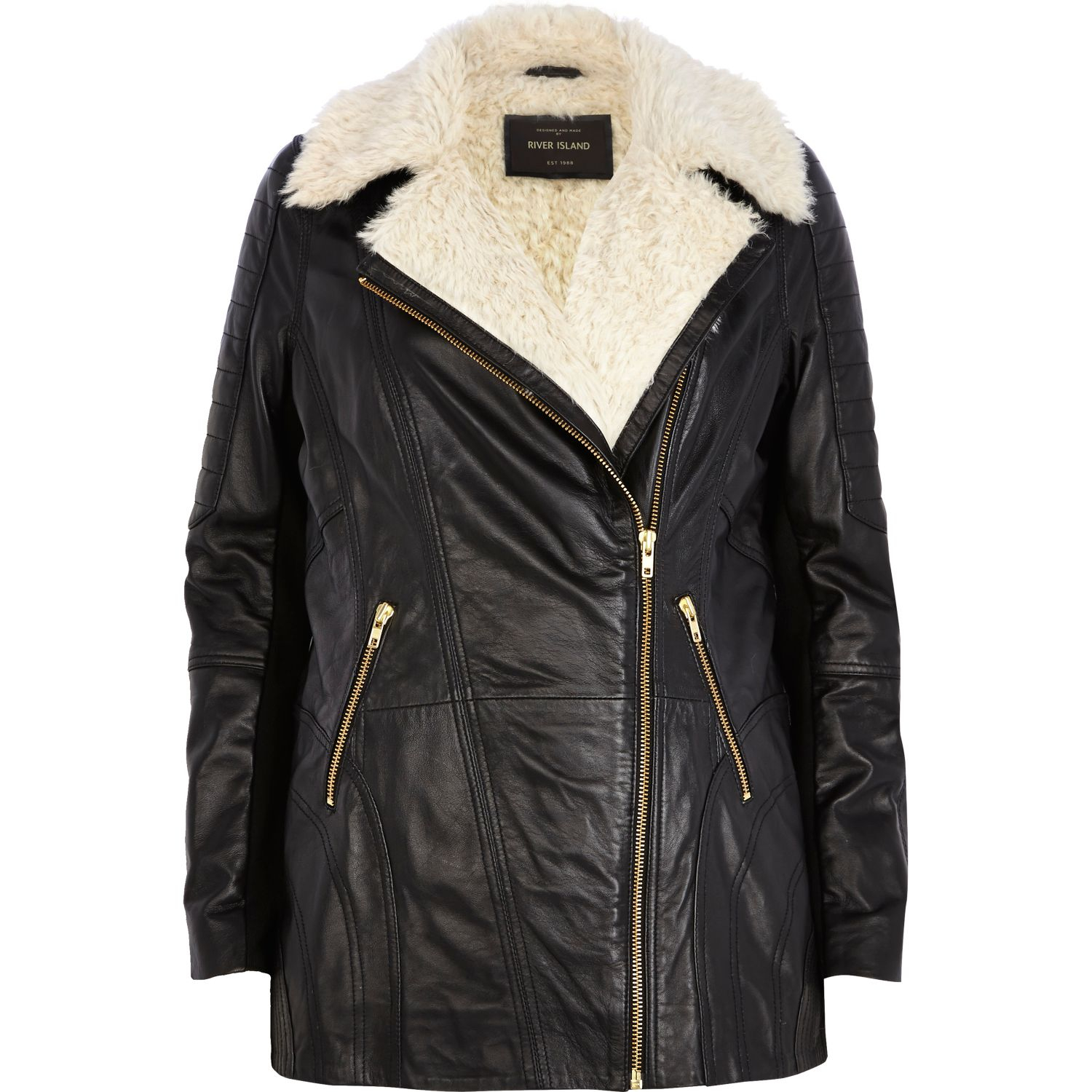 River Island Black Faux Fur Lined Longline Leather Jacket Lyst