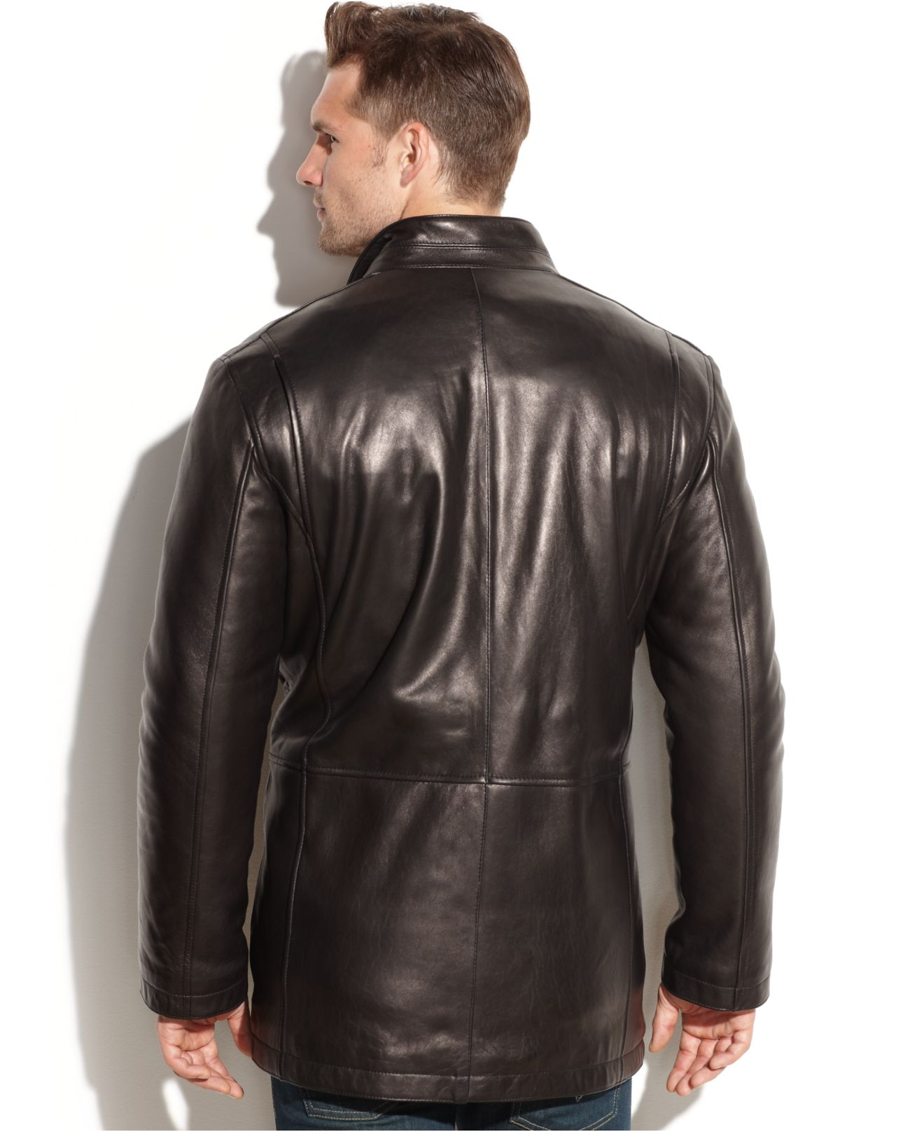 Cole Haan Smooth Leather Car Coat in Black for Men | Lyst