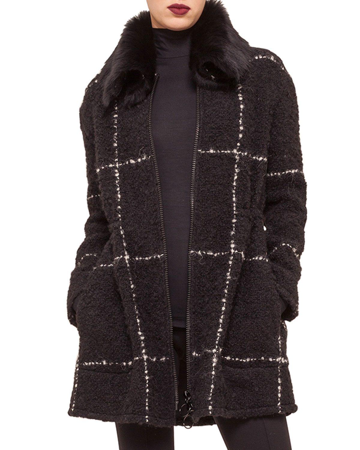 Lyst - Akris Punto Shearling Fur-collar Windowpane Check Coat in Black
