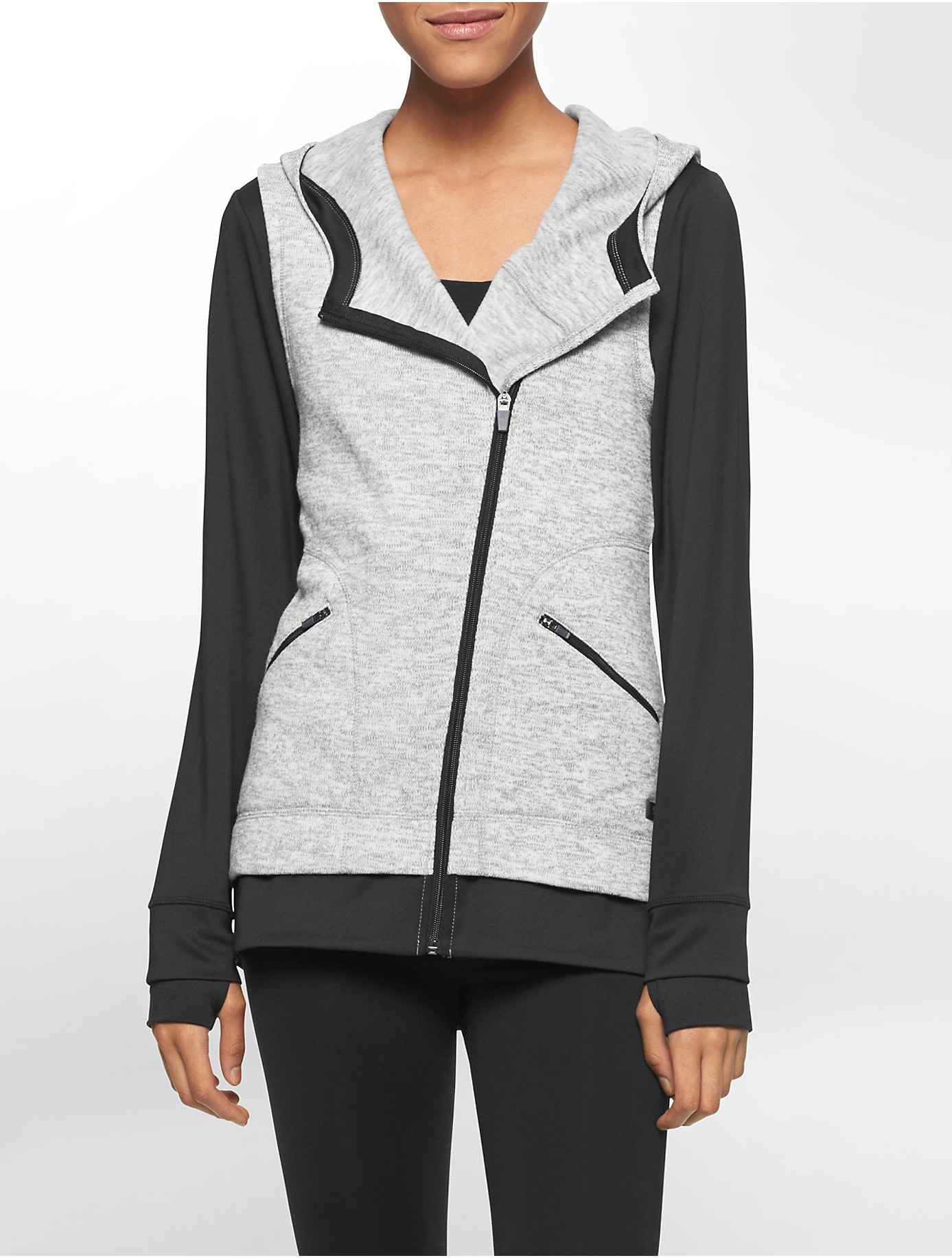 Calvin Klein Synthetic White Label Performance Mixed Media Asymmetrical Zip Hooded Jacket in