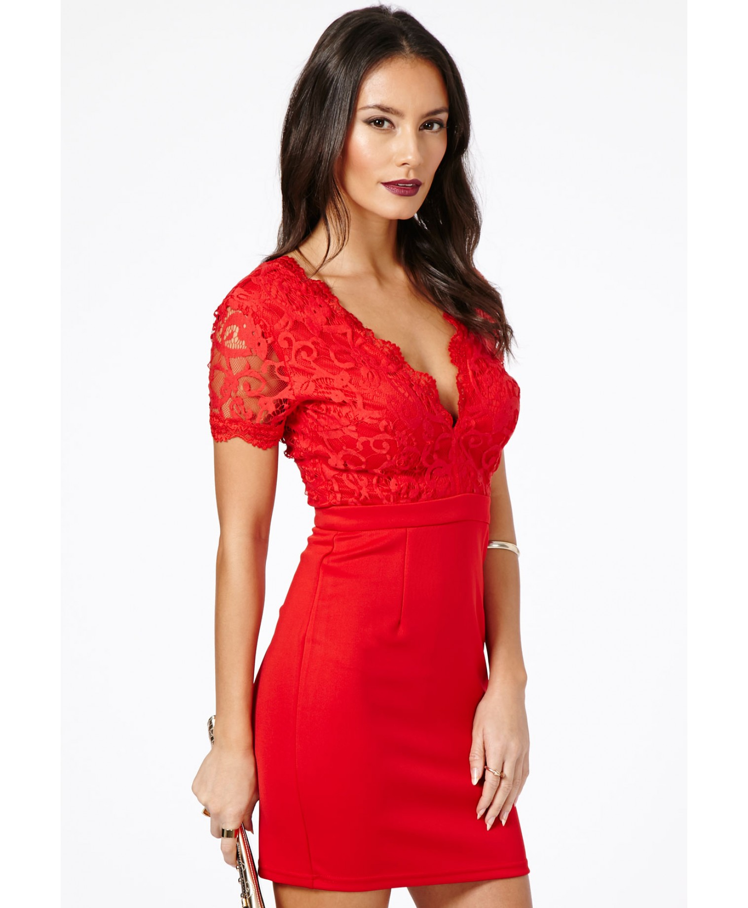 Missguided Risuka Red VNeck Lace Mini Dress Lyst