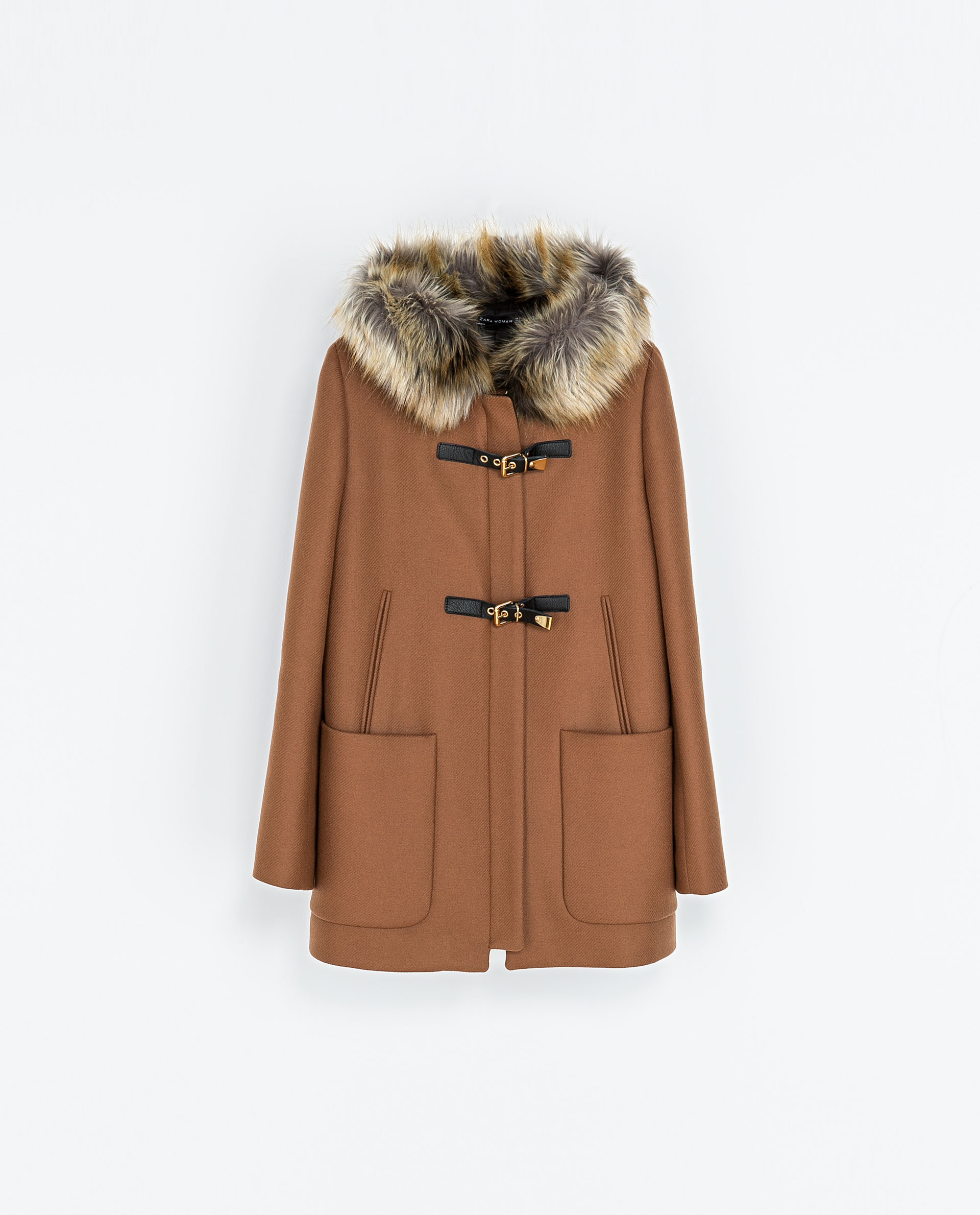 Zara Duffle Coat with Fur Hood in Brown (Caramel) | Lyst