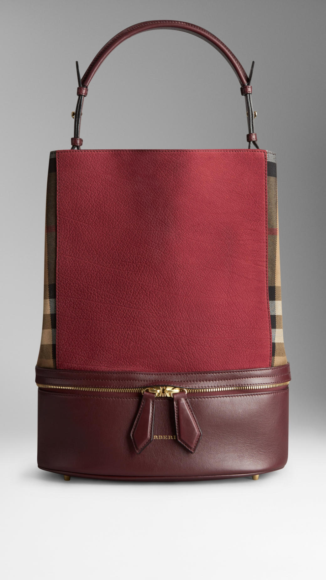 Burberry Medium House Check and Leather Bucket Bag in Deep Claret (Red