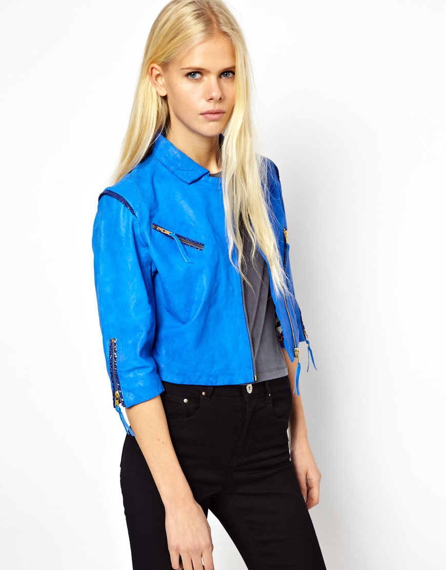 Doma Leather Cropped Jacket With Zips In Blue Lyst Gallery Women S Cropped Leather Jackets