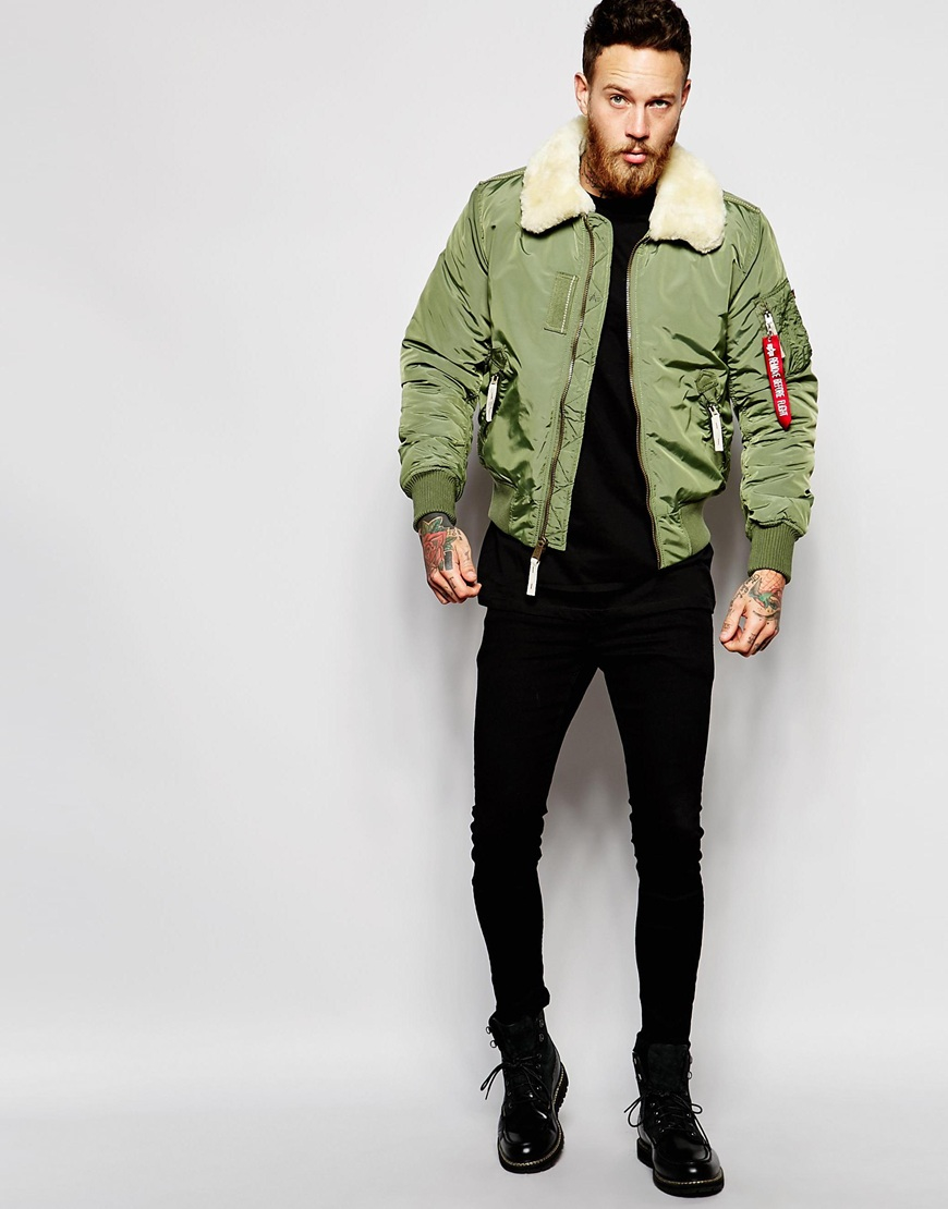 Alpha industries Shearling-Trimmed Bomber Jacket in Green for Men | Lyst