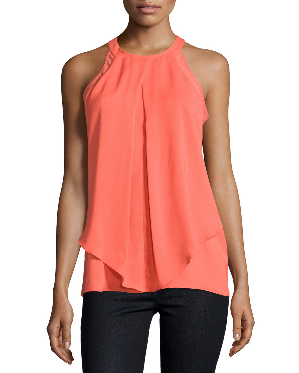 Lyst - Neiman Marcus Sleeveless Draped Halter Blouse in Orange