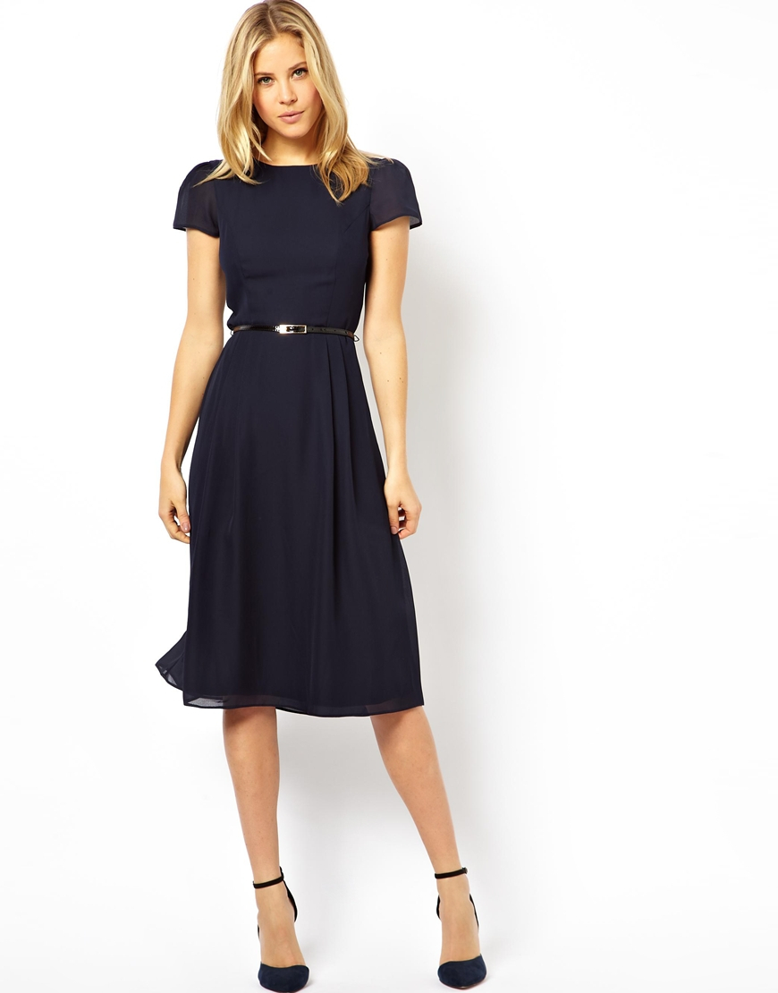 ASOS Simple Midi Skater Dress With Belt in Navy (Blue) - Lyst