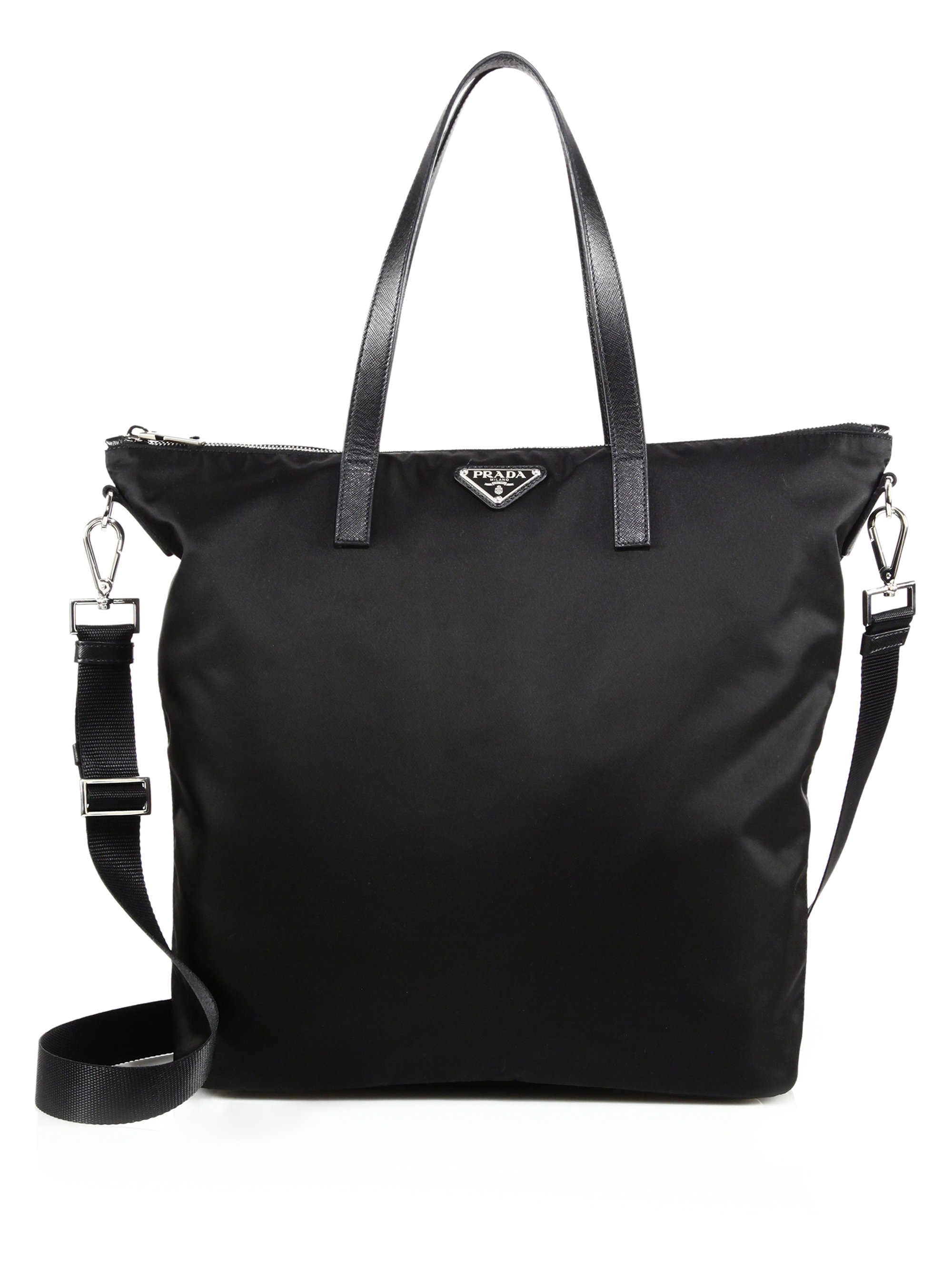 Prada Nylon \u0026amp; Leather Zip Tote in Black | Lyst