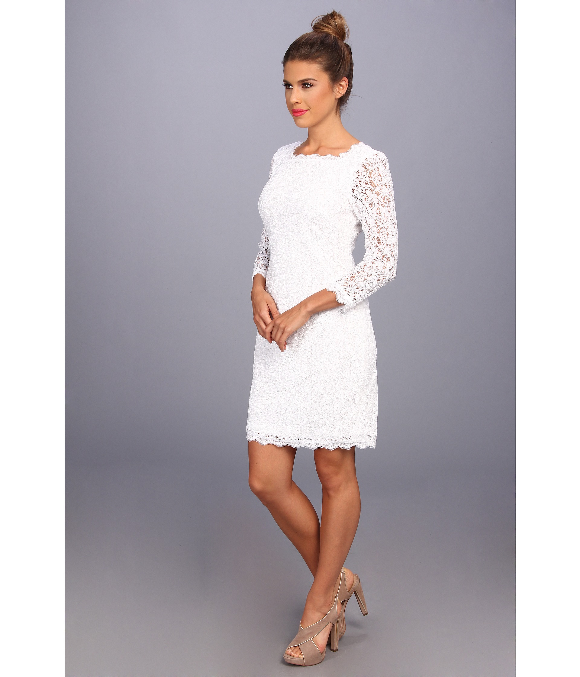 Adrianna Papell 3/4 Sleeve Lace Dress in White | Lyst
