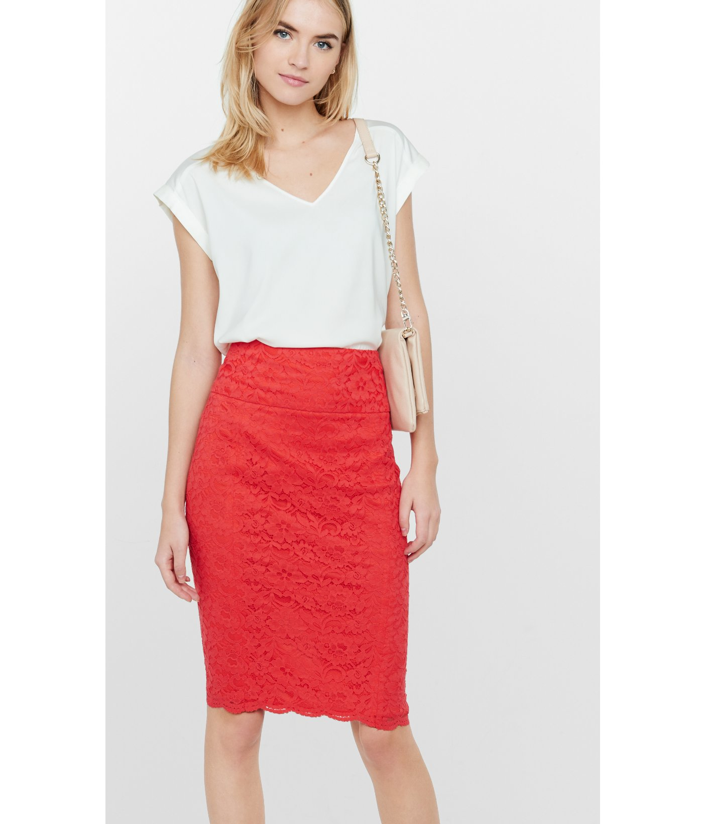 Express Bright Red  High Waisted Lace Midi  Pencil Skirt  in 